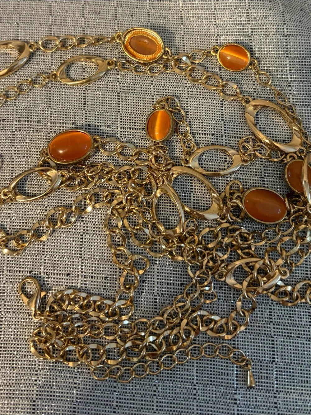 Long Gold Chain Necklace with Orange Cabochon Accents